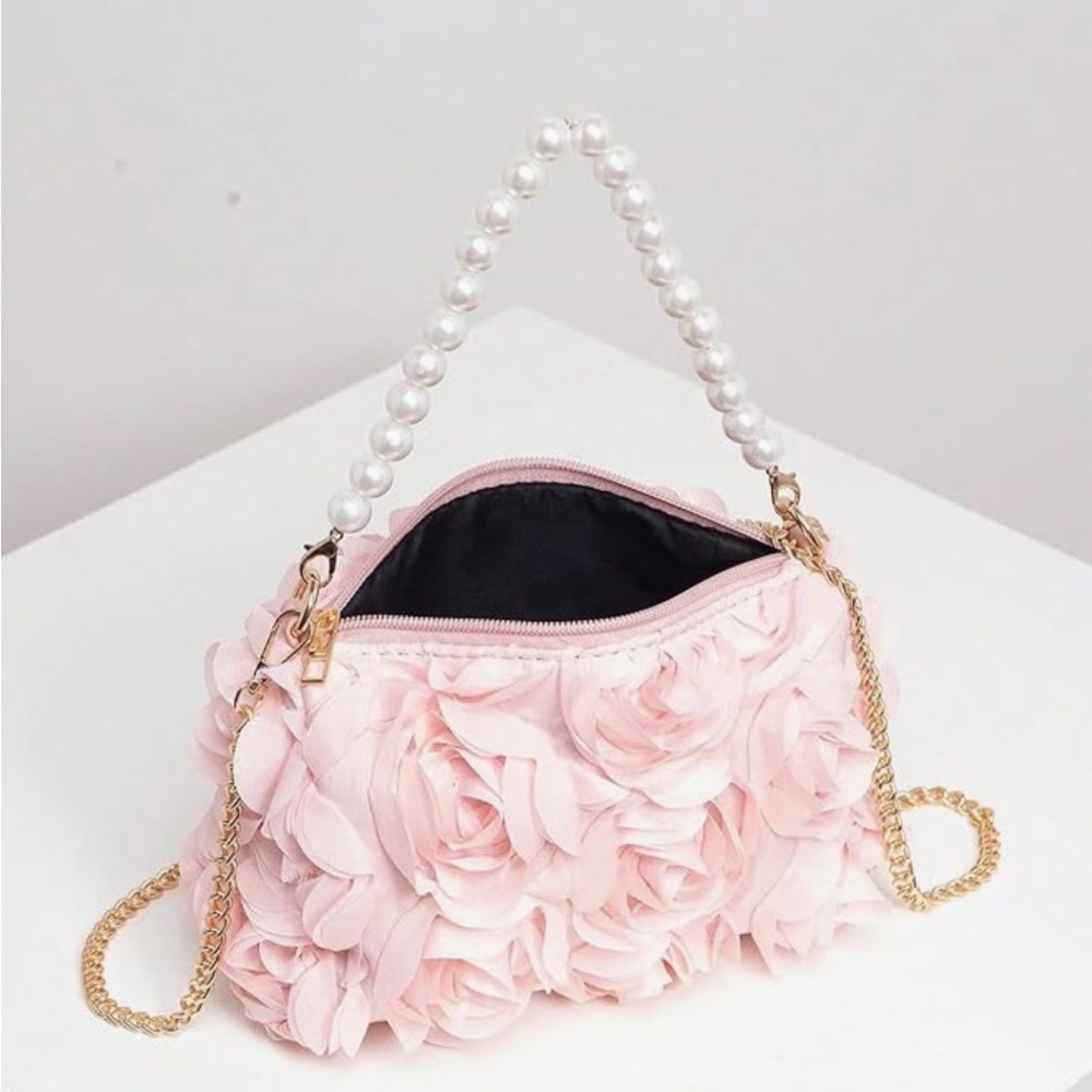 🌸. Elegant Pink Floral Pearl-Handle Handbag - Picture 3 of 4